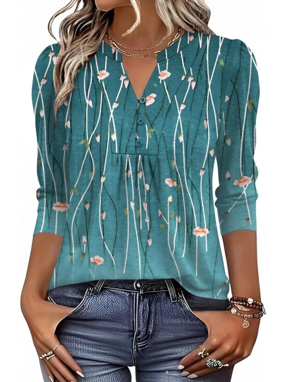 Women's 3/4 Length Sleeve Tops Dressy Casual Henley V-Neck Tops Wine Blue Leaves - Picture 2 of 5